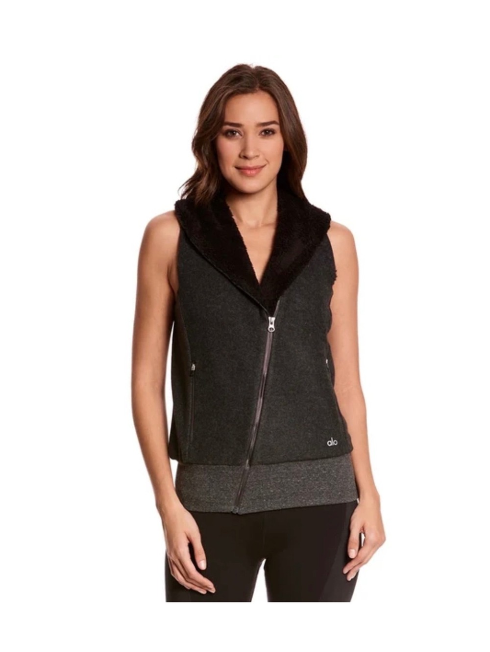 Alo Yoga Flat Iron Vest Coverup Womens XS Gray Black Sherpa Moto Asym Zip